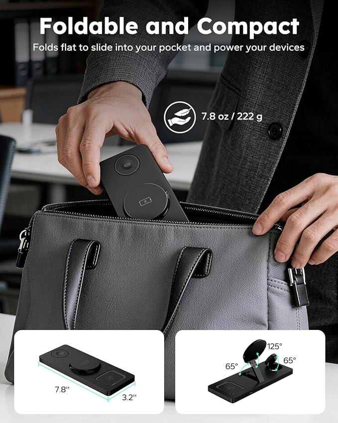 Foldable 3 in 1 Charging Station for Magsafe, Magnetic Phone and Watch Charger Stand for Apple Devices, Wireless Desk Charger Dock for iPhone 17 16 15 14 13 12 Series, Apple Watch and Airpods