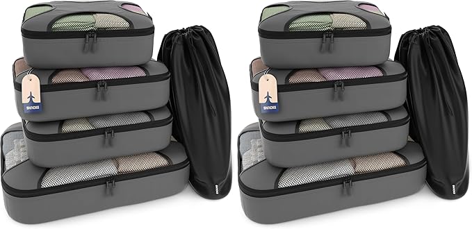 Shacke Premium 10 Packing Cubes Set - Lightweight Mesh Travel Luggage Organizers with Laundry Bag, 5-Piece Suitcase Storage System (Dark Grey)