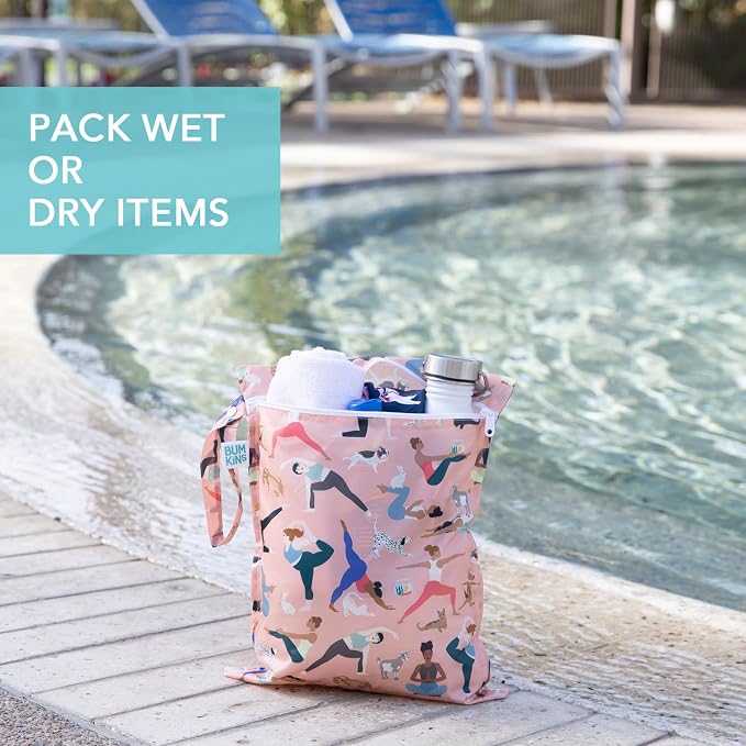 Bumkins - Waterproof Wet Bag, Wet/Dry Clutch & Clear Travel Bags - For Beach, Baby, Travel, Cloth Diapers, Pump Parts, Pool, Gym, Toiletries - Reusable & Easy to Clean - Yoga Pals - 5 Pack