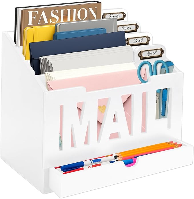 Mail Organizer Countertop – White Holder for Desk with 4 Slots, Drawer & Label Tags, Decorative Desktop Sorter, Envelope Tray for Home Office Organization (11x7x9.5 in)