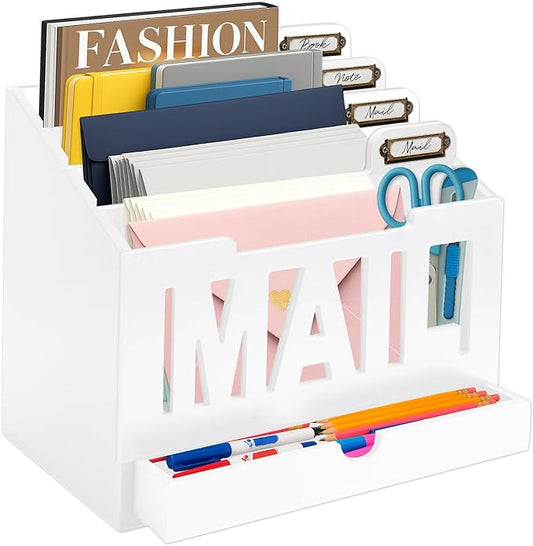 Mail Organizer Countertop – White Holder for Desk with 4 Slots, Drawer & Label Tags, Decorative Desktop Sorter, Envelope Tray for Home Office Organization (11x7x9.5 in)