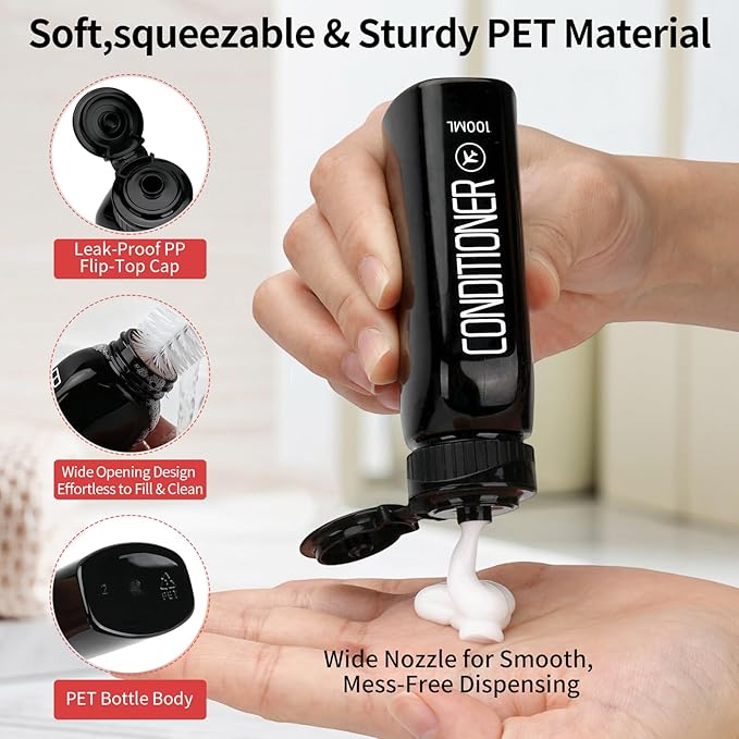 Cosywell Travel Bottles for Toiletries 10PCS 100ml/3.4oz Pre-Printed Shampoo, Conditioner & Body Wash TSA Approved 2oz Spray Bottle Leakproof 0.35oz Plastic Cream Jars Refillable Cream Lotion(Black)
