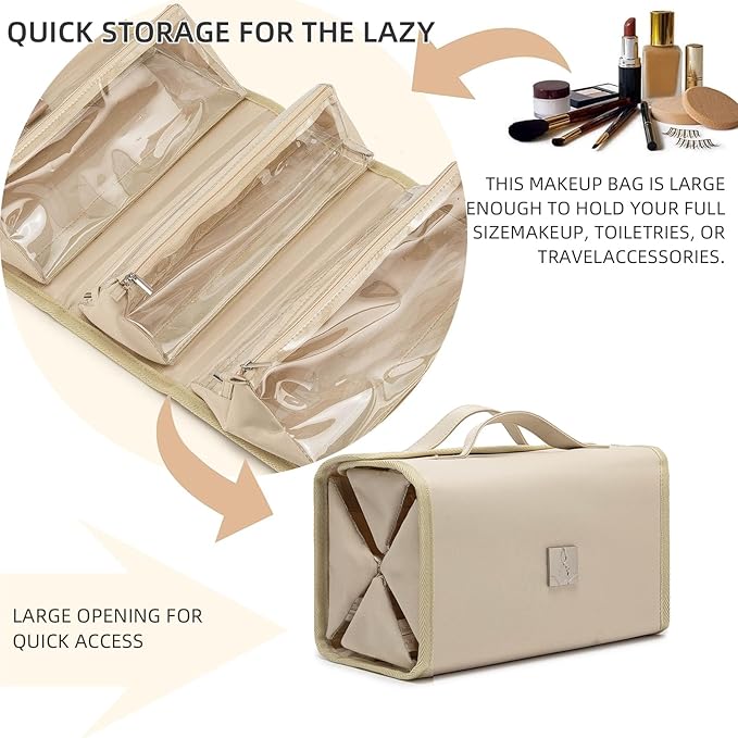 ROYALFAIR Roll Up Makeup Bag, Travel Toiletry Bag for Women with 4 Clear TSA Approved Pouches, Hanging Travel Organizer, Folding Cosmetic Bag for Men and Women