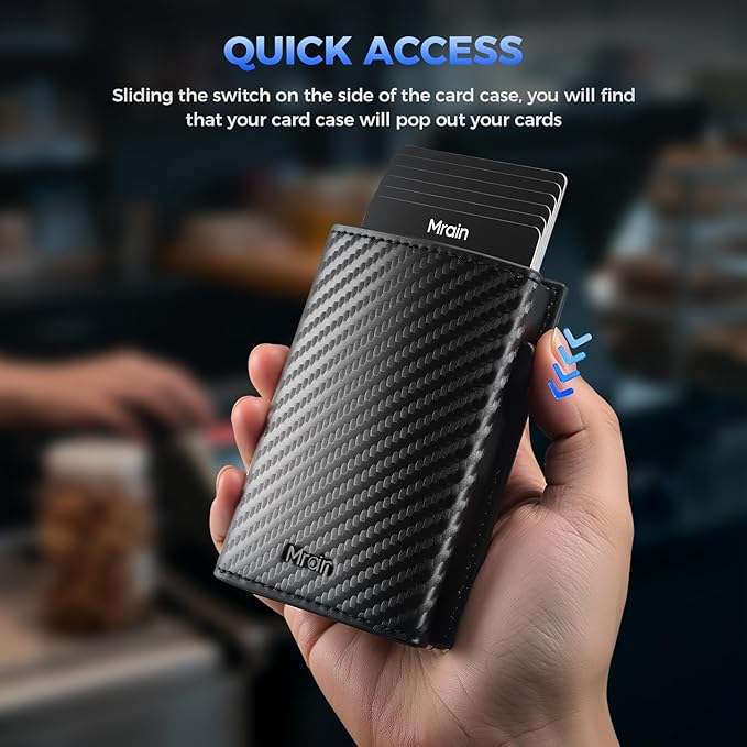 Mens Slim Minimalist Wallet Card Holder with Coin Pocket, Cash Slot, Magnetic Closure, Pop Up Aluminum Case, ID Window, Leather Wallet, RFID Blocking, 9-13 Card Capacity (Carbon Black)