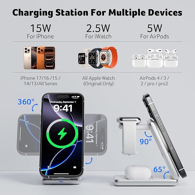 Acer 3 in 1 Charging Station for iPhone, Wireless Charger Stand,15W Fast MagSafe Charger for iPhone 17 16 15 14 13 12 Series-Apple Watch 11 10 9 8 7 6 5 4 3 2 SE and Ultra Series-Airpods 4 3 2 Pro