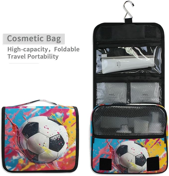 Hanging Travel Toiletry Bag Kit Boys Makeup Case Cosmetics Organizer for Men Women (Soccer Colorful)