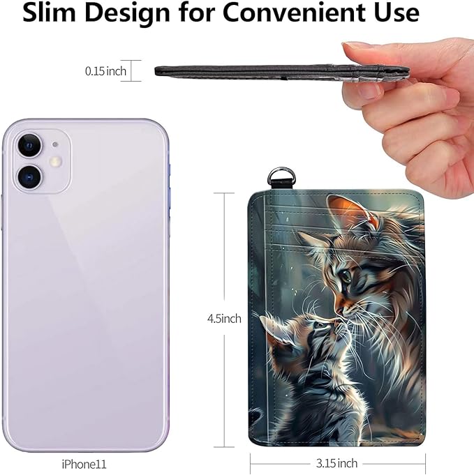 Slim RFID Blocking Card Holder Wallet with Wrist Strap - Minimalist Front Pocket Wallet, Two Cats Design, PU Leathe, for Men & Women, Ideal for Travel & Gifts