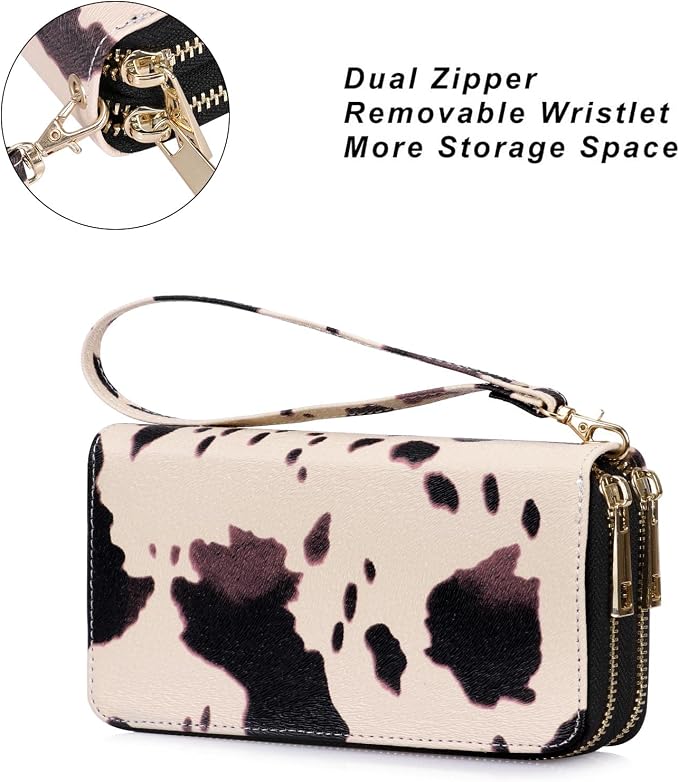 Cellphone Wallet for Women Dual Zipper Long Purse with Removable Wristlet