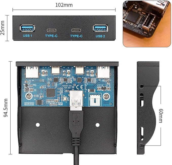 Cablecc USB 3.1 Front Panel Header to USB-C & USB 3.0 HUB 4 Ports Front Panel Motherboard Cable for 3.5" Floppy Bay