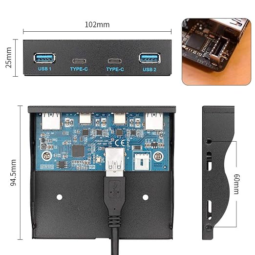 Chenyang 4 Ports 2 USB C ＆ 2 USB 3.0 to USB 3.1 Type E Front Panel Header USB HUB Port Multiplier Expansion Adapter for 3.5" Floppy Bay