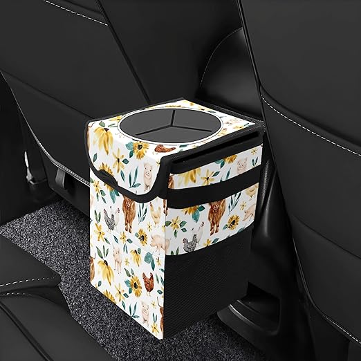 Car Trash Can with Lid Boho Floral Highland Cow Pig Collapsible Reusable Leak-Proof Auto Garage Bag,Hanging Vehicle Car Accessories Interior Car Organizer
