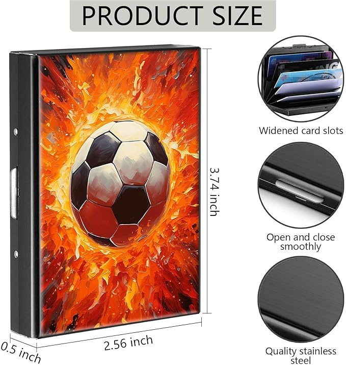 Credit Card Holder, Art Fire Football Design Mini RFID Blocking Aluminum Wallet Slim Metal Hard Case Shell Travel Wallet ID Case Small Credit Cards Case Business Cards for Women Men Girls