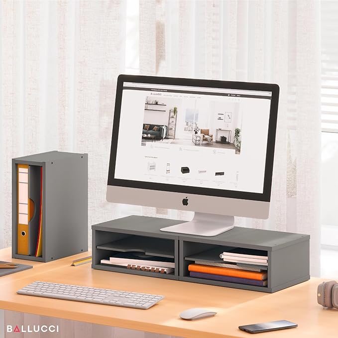 Ballucci File Organizer, 2-Tier Document Paper Sorter, Stackable Wood Desk Organizer Mail Holder, Monitor Stand with Storage Shelves, Gray