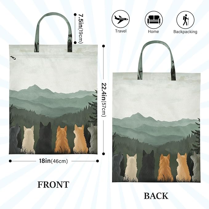 Travel Laundry Bags 2 PC Wet Dry Bag with Handle Dirty Clothes Organizer for Swimsuits Beach Camping Waterproof Washable Cute Wolves Back and Green Mountain