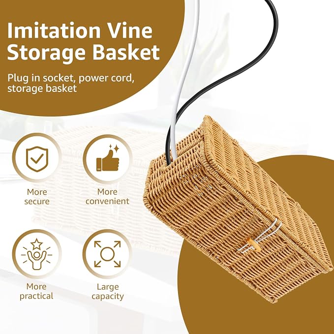 Cable Management Box with Lid, Handwoven Imitation Rattan Power Strip Hider Organizer for Computer Router USB Hub & Power Strip, Desktop Cord Organizer Box for Home Office DIY-Friendly Cord Management