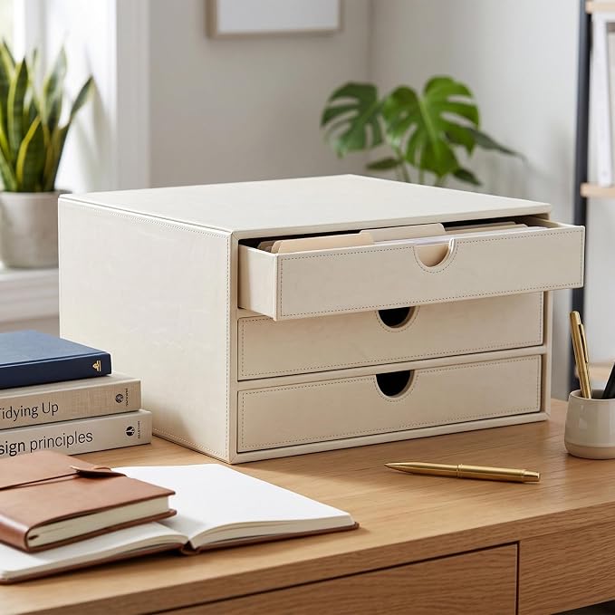 UnionBasic Document Organizer, 3-Drawer File Cabinet Document Storage Box, Office Desktop Filing Organizer, Creamy White