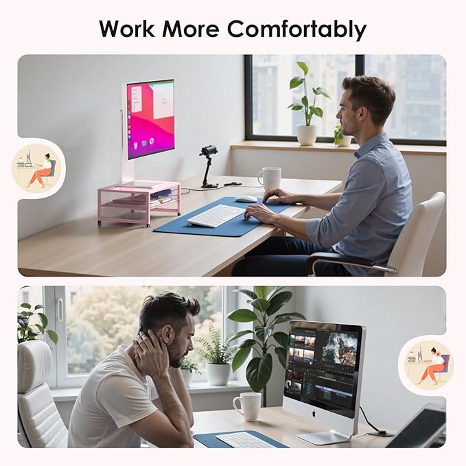 ECOLOVI 2-Tier Computer Monitor Stand Riser, Desk Organizer for Monitor, Printer & Laptop Stand, Desktop Workspace Organizers for Office Supplies(Pink)