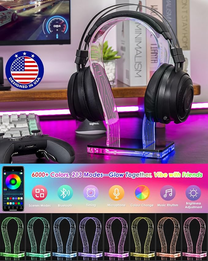OAPRIRE Acrylic RGB Headphone Stand | Customizable 213 Lighting Modes & 60,000 Colors, Lights Sync with Music Beat, Headset Stand with 4.8ft USB Power Cable & Sturdy Build