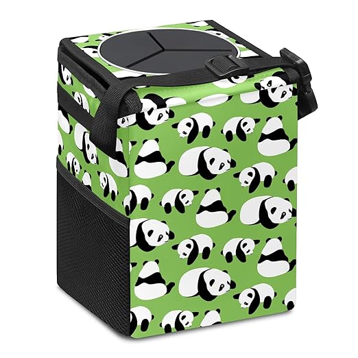 Car Trash Can Panda Collection Wate-rproof Auto Garbage Bag Car Trash Can with Lid Leak-Proof Car Storage Bag Hanging for Headrest Collapsible and Portable with Storage Mesh Pocket