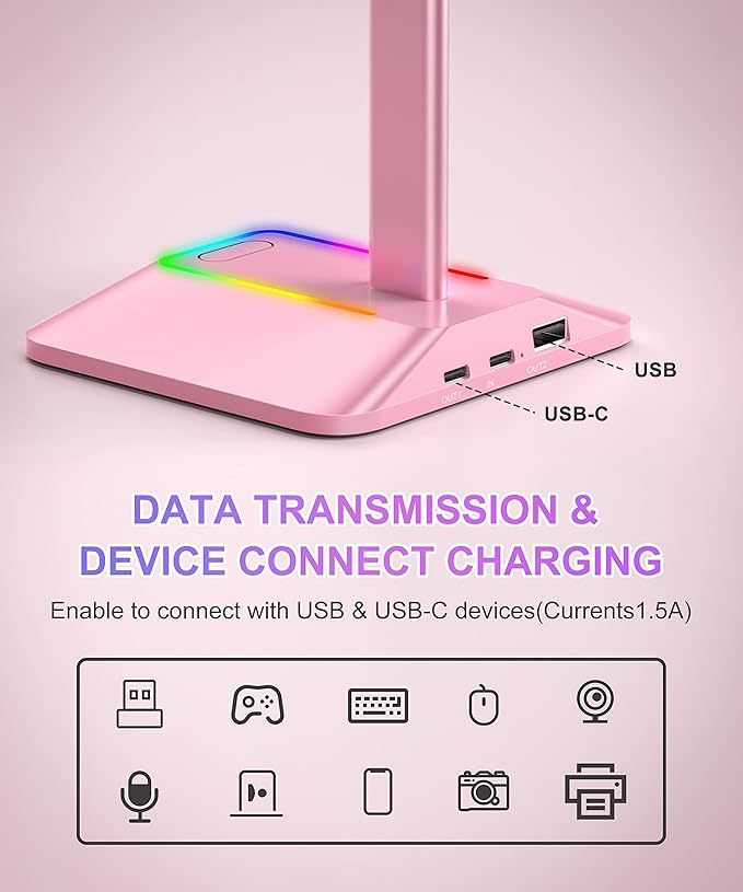 New Bee RGB Headphone Stand with 1 USB-C Charging Port and 1 USB Charging Port, Desk Headset Stand with 7 Light Modes and Non-Slip Rubber Base Suitable for All Earphone Accessories (Pink)