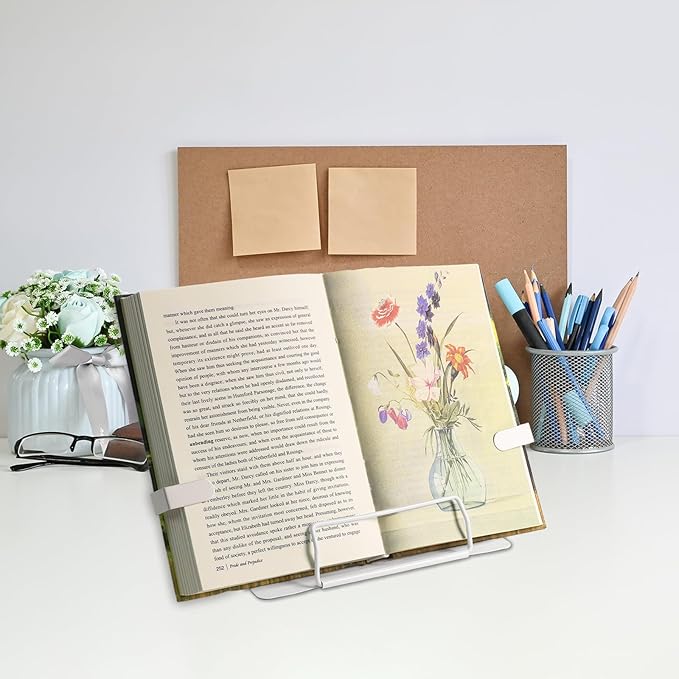 Metal Desk Book Stand for Reading with Adjustable Clips, Hands-Free Foldable Book Holder for Kids, Portable Document Stand for Desk, Display Stand for Recipes, Cookbooks, Tablets - White