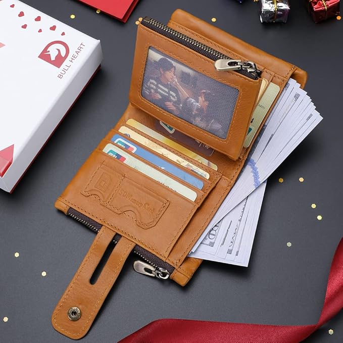Mens Wallet with Chain Genuine Leather Purse RFID Blocking Biker Bifold Wallet with Anti-Theft Chain