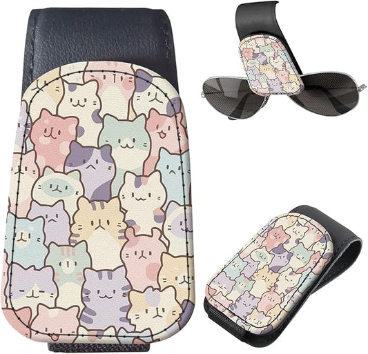 Sunglasses Holder for Car Visor, PU Leather Glasses Clip Organizer, Cute Magnetic Eyeglass Holder for Vehicle Sun Visor, Car Interior Accessory for Women & Men Pastel Cat Stack