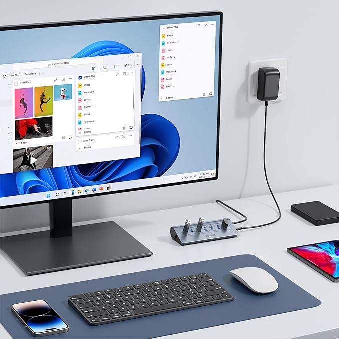 Powered USB Hub, JESWO 7-Port USB 3.0 Hub, Aluminum USB Data Hub with 3.3ft Cable, USB Hub 3.0 Powered with 5V/4A Power Adapter for MacBook, Notebook PC, USB-Flash Drives, Mobile HDD and More (Grey)