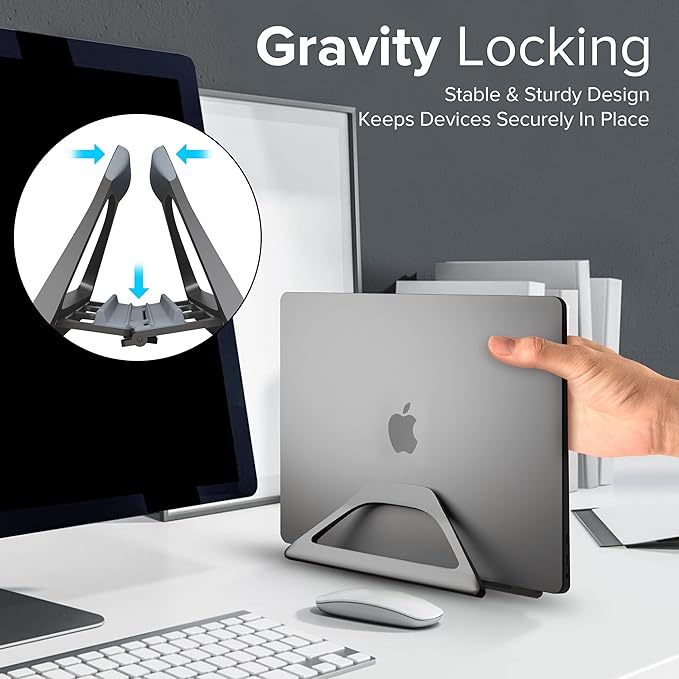 Elestoria Aluminum Vertical Laptop Stand with Gravity Auto-Lock ??Adjustable Laptop Holder Vertical fits MacBook Pro/Air, Chromebook & Gaming Laptops up to 17.3" ??Space-Saving Desktop Dock - Grey