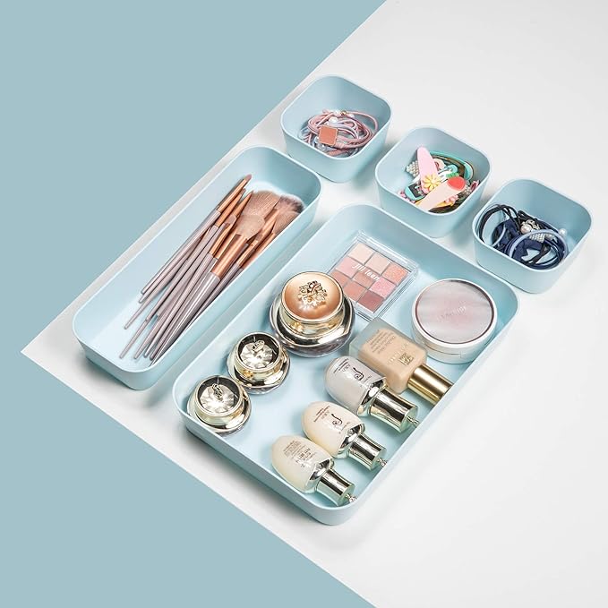 Backerysupply Set Of 12 Blue Color Plastic Desk Drawer Organizers For Makeup Bathroom Office Kitchen Vanity Drawer Storage Box Container