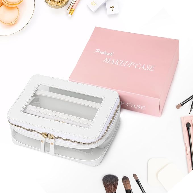 Pinkmik Clear Makeup Bag with Brush Case Travel Toiletry Bag Waterproof Cosmetic Organizer Car Essentials for Women (White,M+SLIM-1)