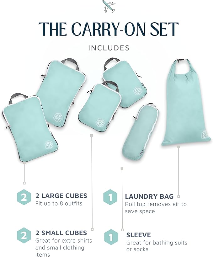 Compression Packing Cubes for Travel, 6-Piece Lightweight Packing Cubes Set for Carry-On Luggage & Backpacks – TRIPPED Travel Gear (Dusty Teal/White)