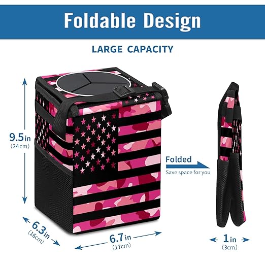 Car Trash Can USA Flag Camouflage Wate-rproof Auto Garbage Bag Car Trash Can with Lid Leak-Proof Car Storage Bag Hanging for Headrest Collapsible and Portable with Storage Mesh Pocket