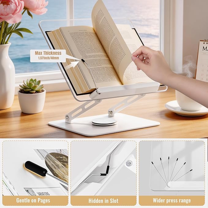 HAUTOCO Adjustable Acrylic Book Stand for Reading, 360° Rotating Base, Foldable Desktop Book Holder with Elastic Page Clips, Hands-Free Cookbook Stand for Laptop, Tablet, Recipe, Textbook, Music Score