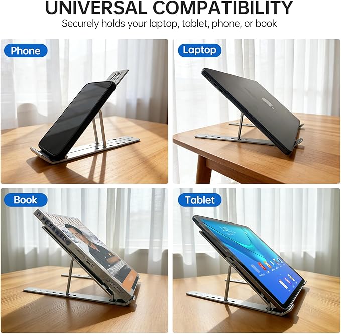 EJAY Laptop Stand for Desk, Aluminum Adjustable Laptop Riser & Ventilated Holder, Foldable Portable Computer Stand for 10-15.6 inch Laptops (Silver)