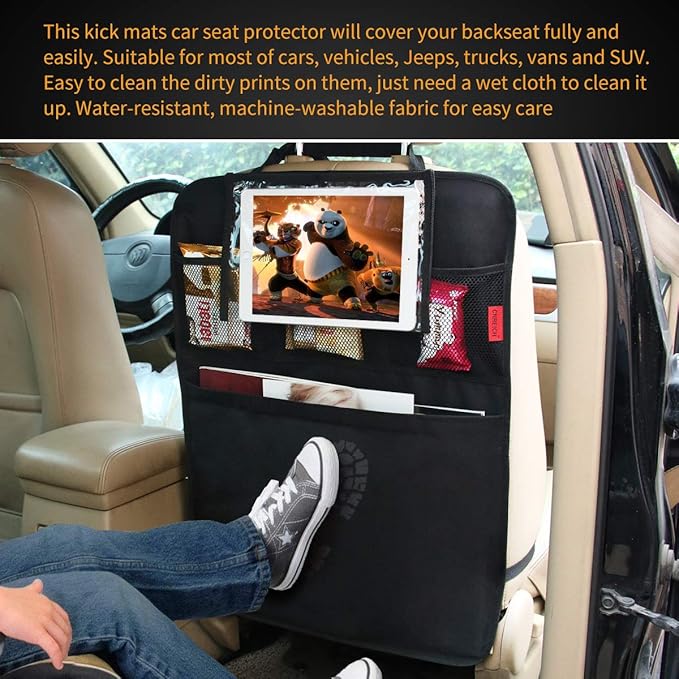 Kaiphy Car Backseat Organizer Premium Quality Car Kick Mats with 10" Tablet Holder - Extra Large Pocket- Sturdy Top 2Pack