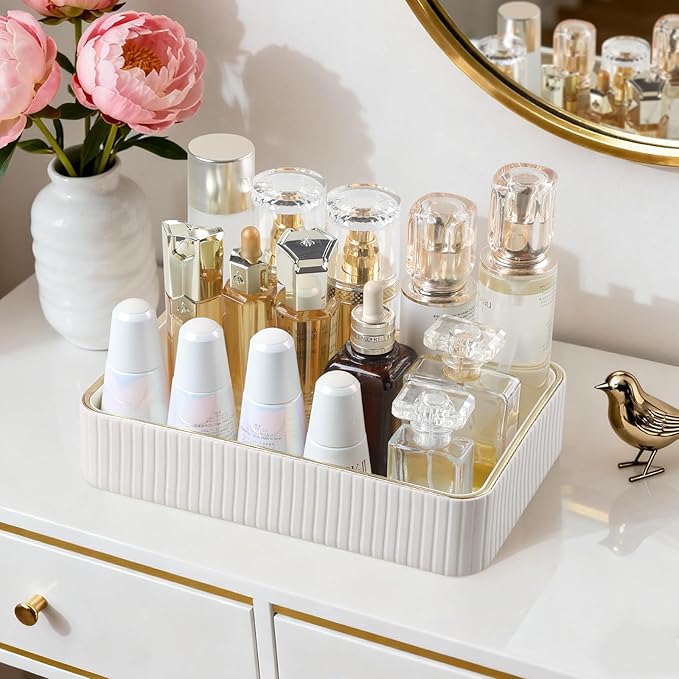 Desk Organizer Tray, PU Leather Nightstand Organizer Perfume Valet Tray for Men Women, Decorative Vanity Trays Trinket Dish Key Bowl for Entryway Table (Ivory, Medium)