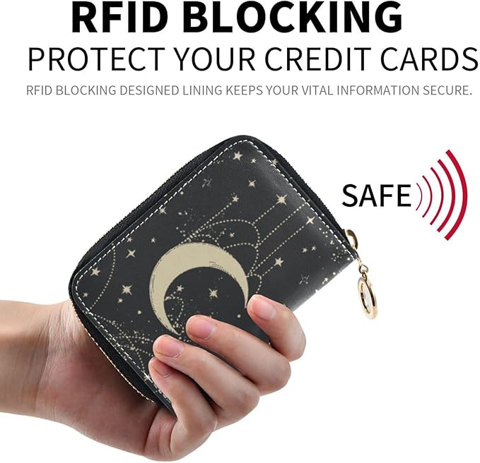 Boho Moon RFID Credit Card Holder Wallets Accordion for Women Leather Zipper Card Case Accordion Wallet for Ladies Girls