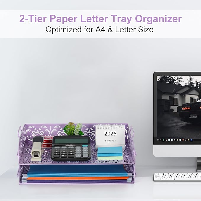 EasyPAG Paper Organizer for Desk 2 Tier Stackable Paper Tray for A4 Legal Size Folders Metal File Storage Desktop Organizer for Home Office School Teacher, Purple