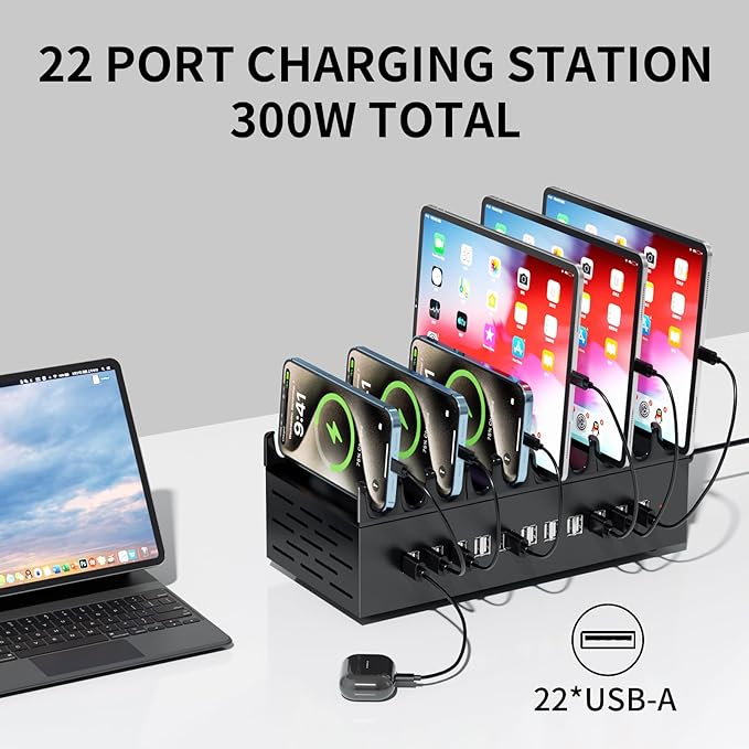 300W USB Charging Station, 22-Port Desktop Fast Charger Station for Multiple Devices, Organizer Charging Dock with Intelligent Protection for iPhone, iPad, Tablets and More