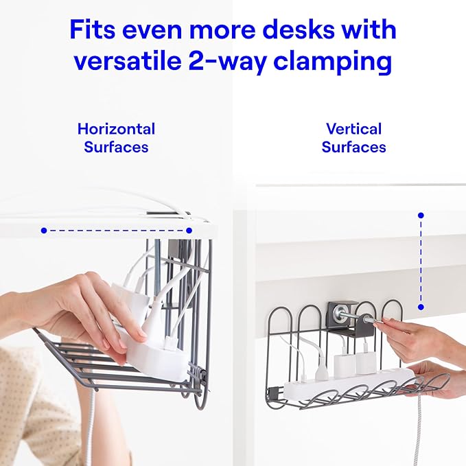 CarryUp Under Desk Cable Tray, No Drill Wire Management Clamp, Computer Cord Organizer, Cable Hider & Holder, Cord Keepers for Home Office Organization, Powder Coated Metal, Easy Install - Grey