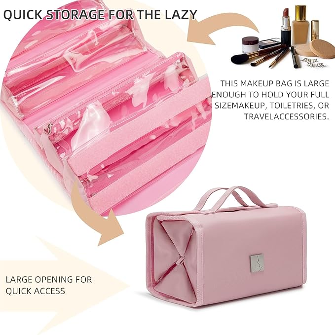 ROYALFAIR Roll Up Makeup Bag, Travel Toiletry Bag for Women with 4 Clear TSA Approved Pouches, Hanging Travel Organizer, Folding Cosmetic Bag for Men and Women