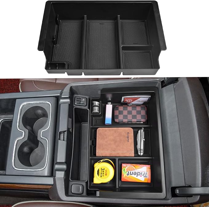 TACOBRO Full coverage Center Console Organizer Compatible with 2014-2018 GMC Sierra 1500 /Chevy Silverado 1500 Accessories 2015-2020 Yukon XL/Tahoe Suburban Insert Armrest Storage ABS Plastic, Black