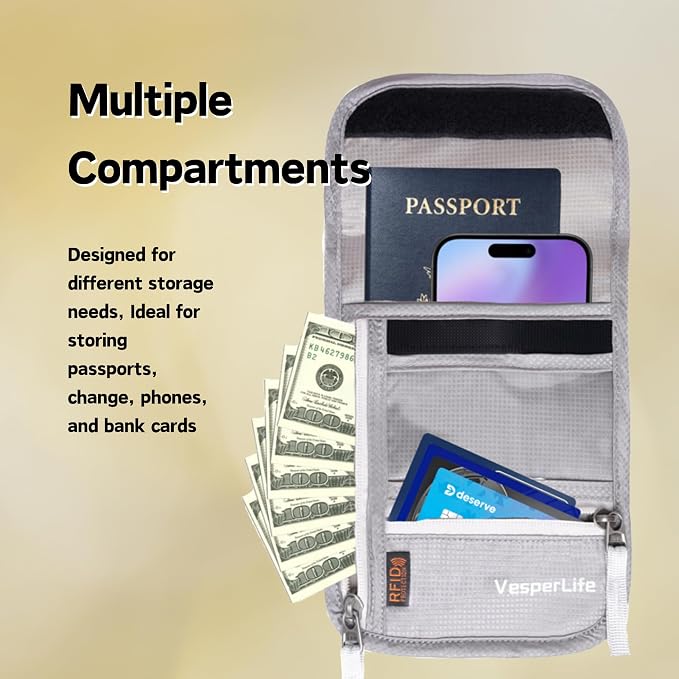 Travel Pouch Anti-Theft Neck Wallet, RFID Blocking Passport Holder, Travel Wallet, Water-Resistant Lightweight Organizer for Cruise Travel, Men Women Family (Light Gray)