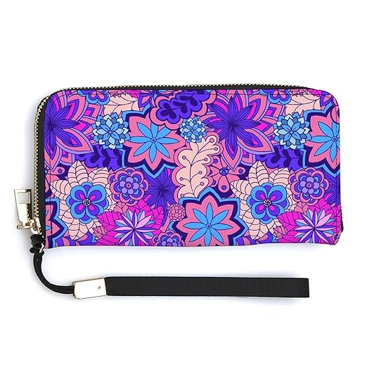 Unisex Zip Around Wallet for Adults Teens Colorful Bright Ethnic Style Flowers Floral Coin Pouch Cash Pocket PU Leather Wallets Card Holder Organizer Designer Purse with Wristlet Strap
