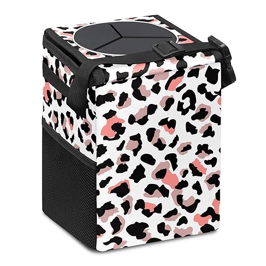 Car Trash Can Leopard Print White Pink Wate-rproof Auto Garbage Bag Car Trash Can with Lid Leak-Proof Car Storage Bag Hanging for Headrest Collapsible and Portable with Storage Mesh Pocket
