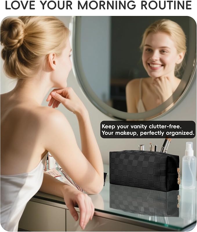 Checkered Makeup Bag for Purse - Cute PU Leather Travel Cosmetic Pouch for Women, Portable Flat Toiletry Organizer with Gold Zipper(black)