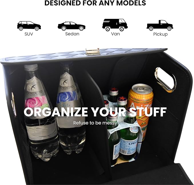 Foldable Car Trunk Organizer – Waterproof 2-Section Expandable Storage with Quick-Fold Tech, Fits SUV/Sedan for Groceries/Travel (Black, Large)