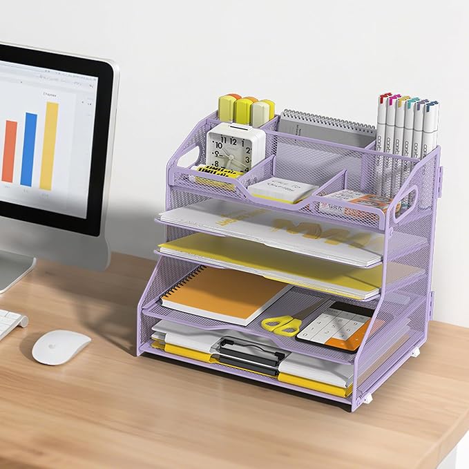 YINGHUA 5 Tier Paper Tray Letter Organizer with Top 6 Adjustable Compartments - Paper Sorter Office Desktop Accessories with Handles for Document,Mail,School Supplies Storage,Purple