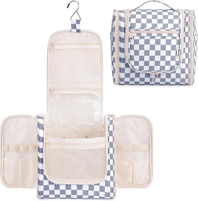 Narwey Checkered Hanging Travel Toiletry Bag for Women, Travel Bag for Toiletries, Makeup Bag Organizer Cosmetic Bags Make Up Bags for Women (Grayish Blue Checkerboard)
